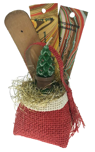 Kerstcadeau mandje: Mirre Goud 12KS, Sinaasappel Bloesem Goud 12KS, slee