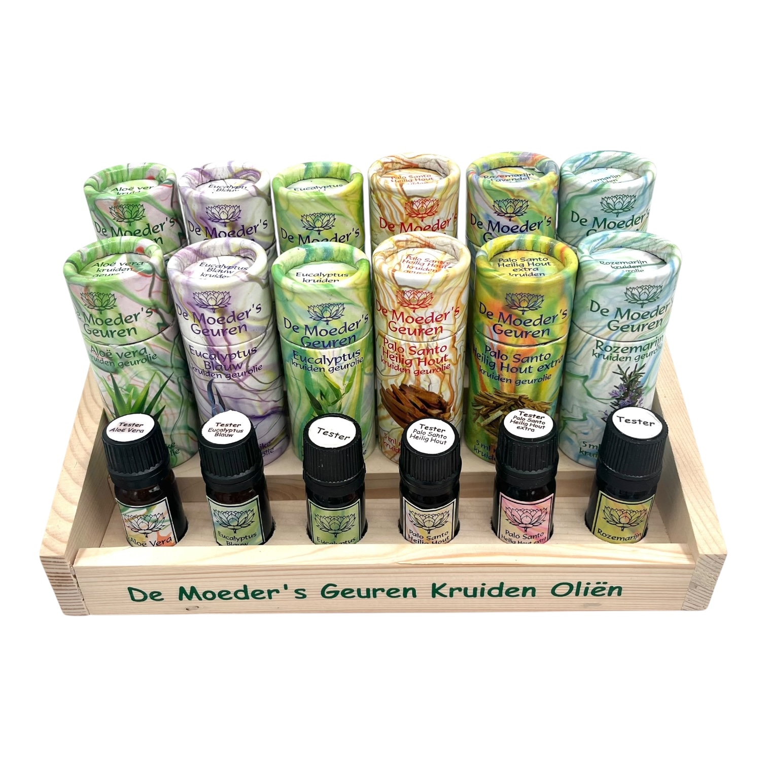 Houten display voor 2x6 flesjes geuroliën (incl. 6 testers)