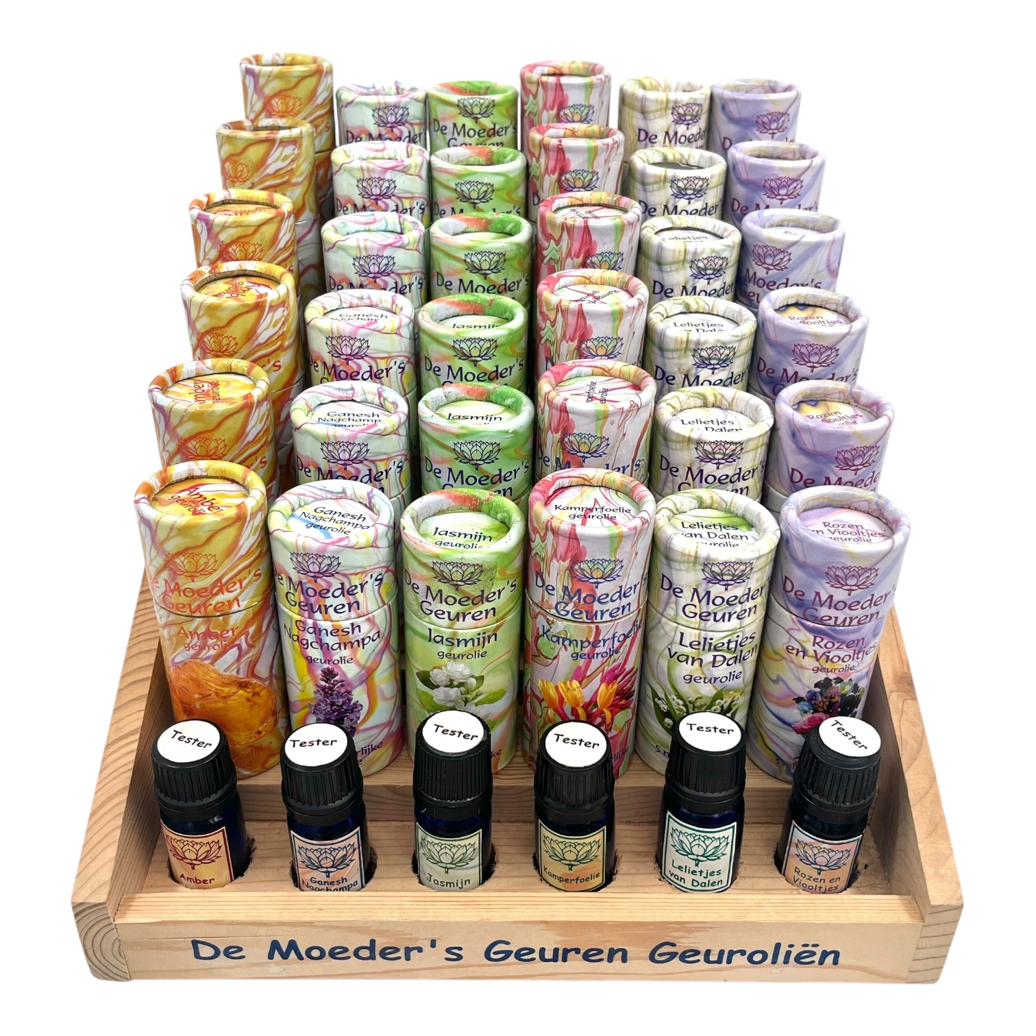 Houten display voor 6x6 flesjes geuroliën (incl. 6 testers)
