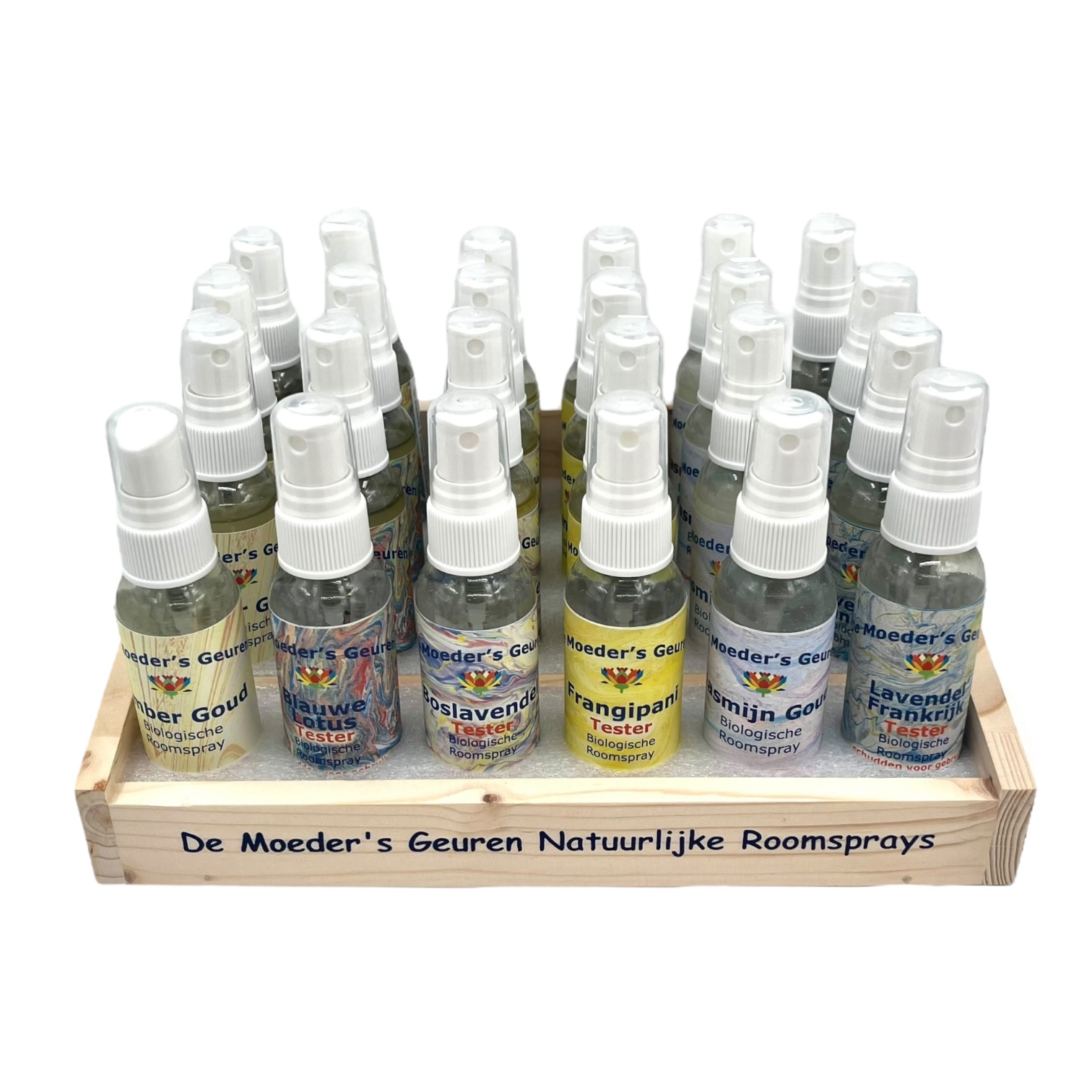 Houten display voor 6 Roomspray geuren (incl. 1 tester per geur)